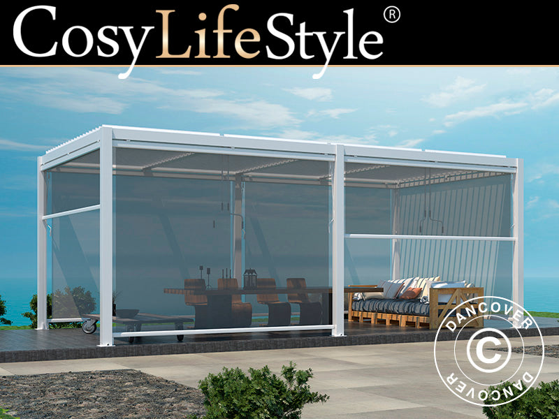 Bioklimatischer Pergola-Pavillon San Pablo Alu+, 3x5,8m, inkl. 6 Seitenwände, Weiß