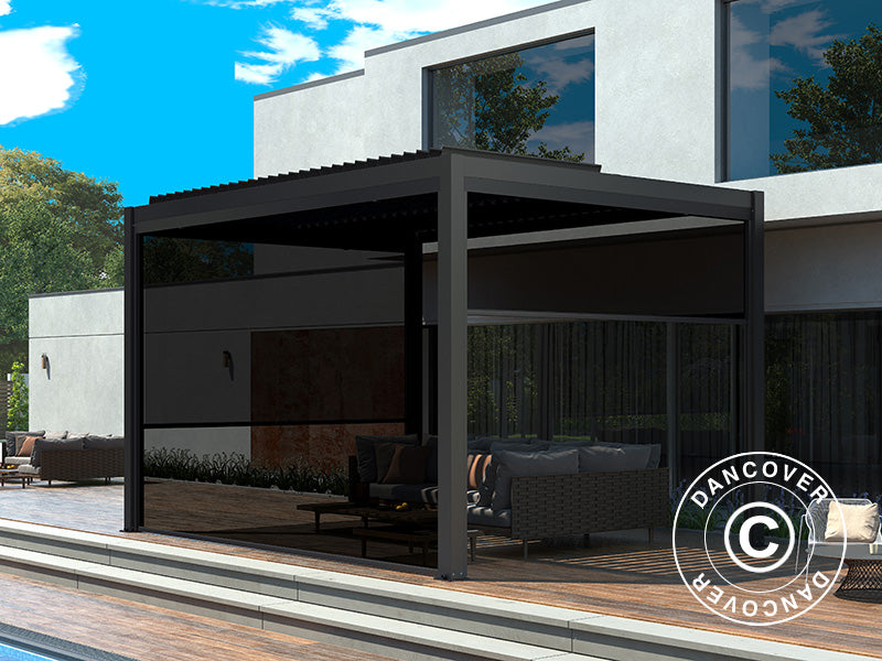 Bioklimatischer Pergola-Pavillon San Pablo Alu+, 4x4m, inkl. 4 Seitenwände, Schwarz