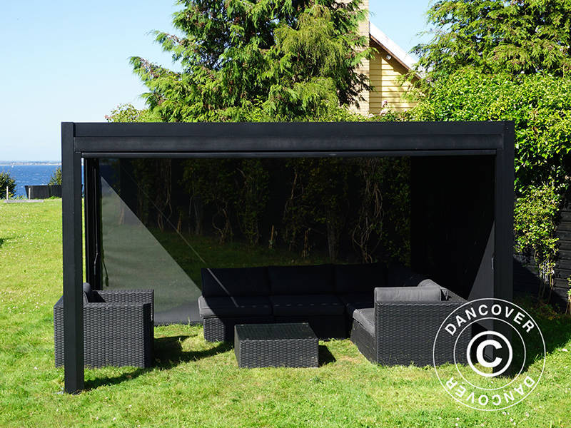 Tonnelle de jardin bioclimatique San Pablo Alu+, 4x4m, avec 4 parois latérales, Noir