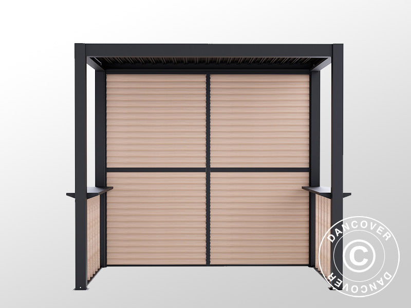 Pergola San Juan per barbecue, con pareti e lati a lamelle, 2,5x1,5x2,3m, Nero/Effetto legno