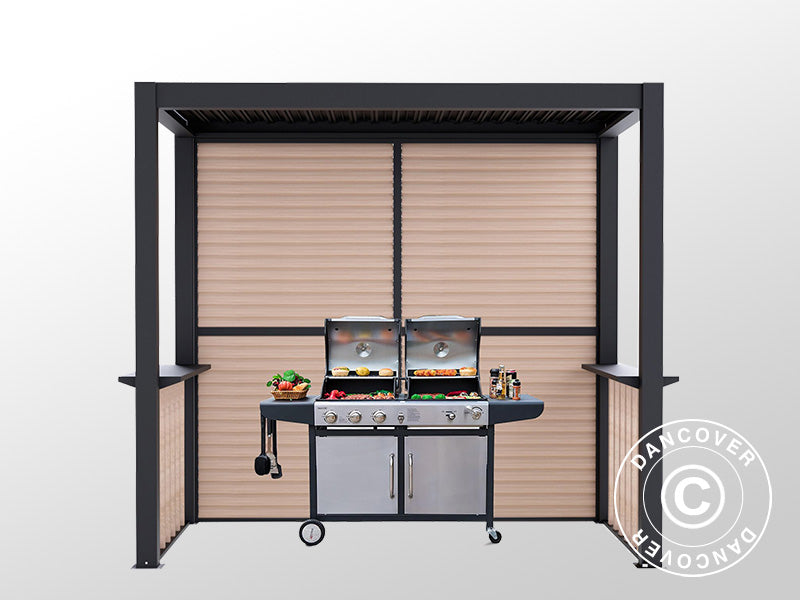 Pergola San Juan per barbecue, con pareti e lati a lamelle, 2,5x1,5x2,3m, Nero/Effetto legno