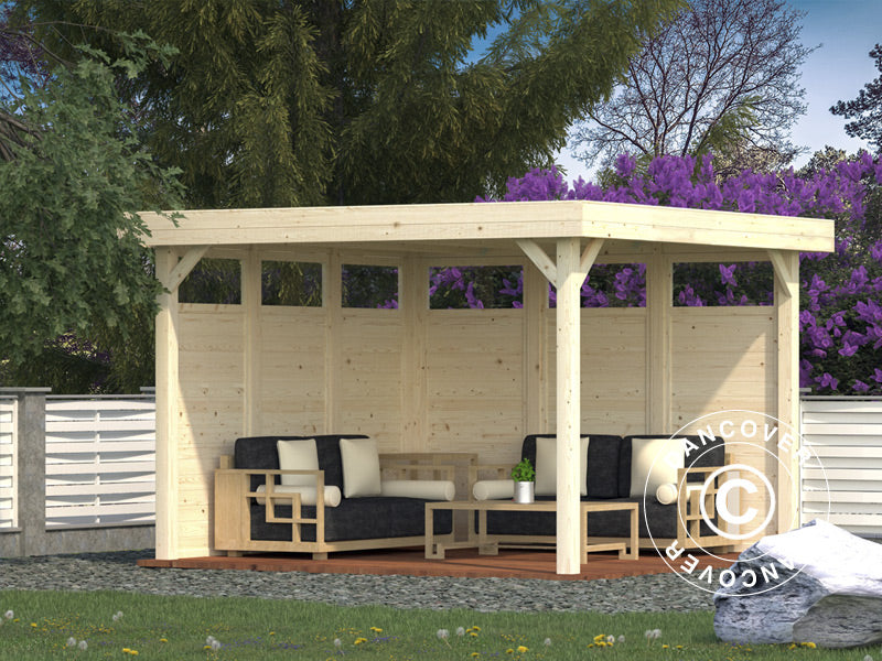 Tonnelle en bois avec 2 parois latérales, 3,49x3,49x2,54m, 12,2m², Naturel