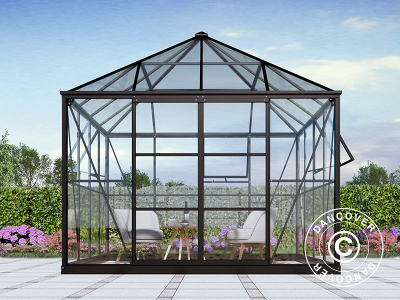 Serre orangerie, tonnelle de jardin en verre 8,06m², 2,82x2,86x2,8m avec base, Noir