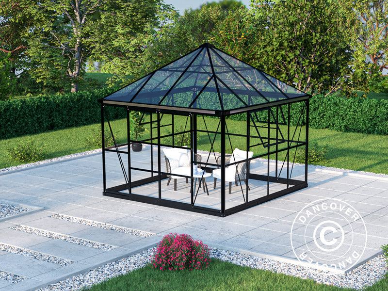 Serra orangerie, gazebo in vetro 8,06m², 2,82x2,86x2,8m con base, Nero