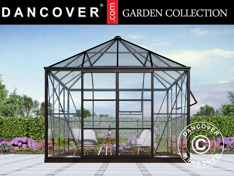 Serre orangerie, tonnelle de jardin en verre 8,06m², 2,82x2,86x2,8m avec base, Noir
