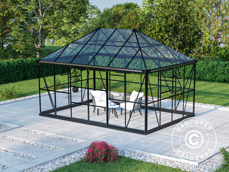 Serra orangerie, gazebo in vetro 12m², 4,2x2,86x2,84m con base, Nero