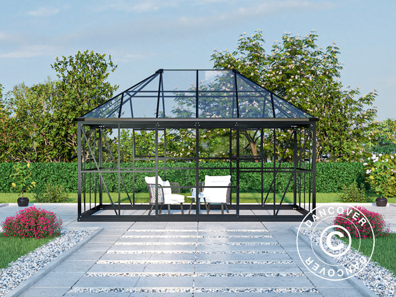 Serra orangerie, gazebo in vetro 12m², 4,2x2,86x2,84m con base, Nero