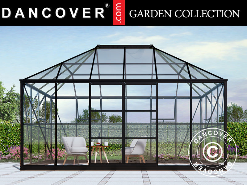 Serre orangerie, tonnelle de jardin en verre 12m², 4,2x2,86x2,84m avec base, Noir