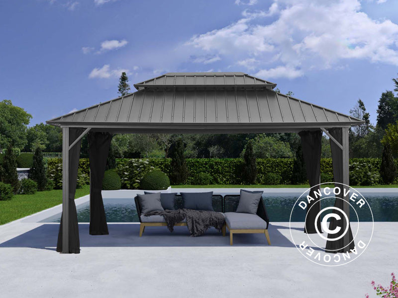 Gazebo San Francisco con tende e zanzariera, 3,65x4,85m, Nero