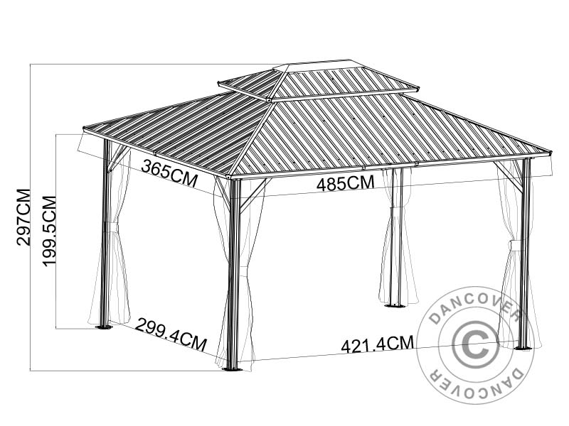 Gazebo San Francisco con tende e zanzariera, 3,65x4,85m, Nero
