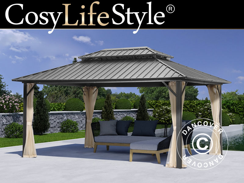 Tonnelle San Francisco avec rideaux et moustiquaire, 3,65x4,85m, Noir/Ecru