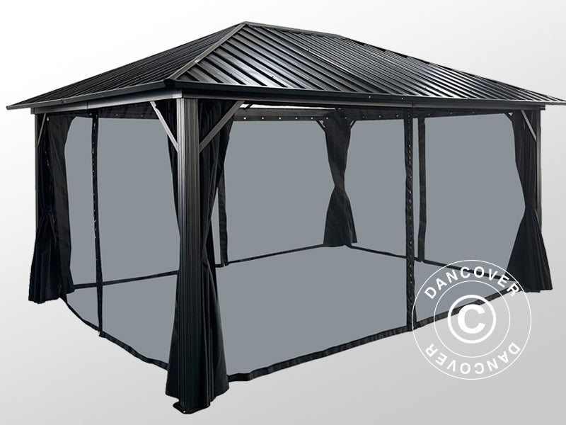 Gazebo San Bernardino con tende e zanzariera, 3,65x4,85m, Nero