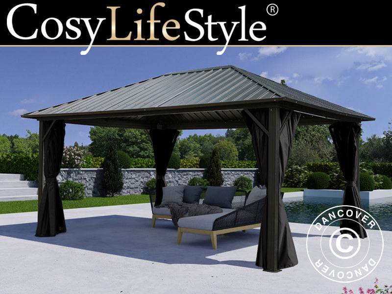 Gazebo San Bernardino con tende e zanzariera, 3,65x4,85m, Nero