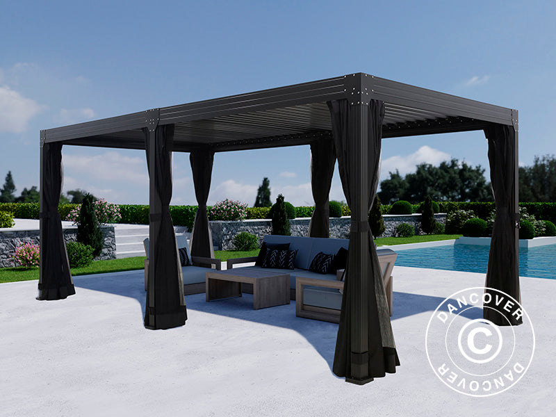 Bioklimatischer Pergola-Pavillon Monterey, 3x6m, mit Vorhängen und Moskitonetz, Schwarz