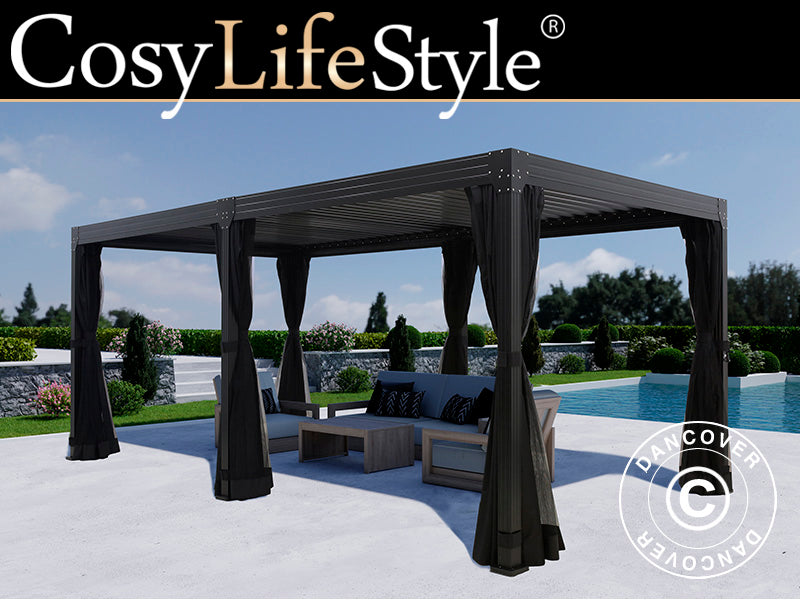 Pergola bioclimatique Monterey, 3x6m, avec rideaux et moustiquaires, Noir