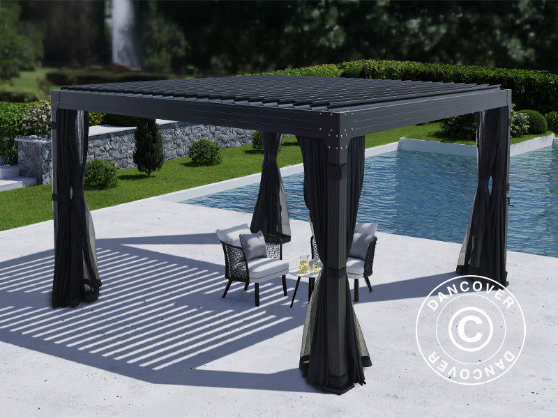 Pergola bioclimatique Monterey, 4x4m, avec rideaux et moustiquaire, Noir