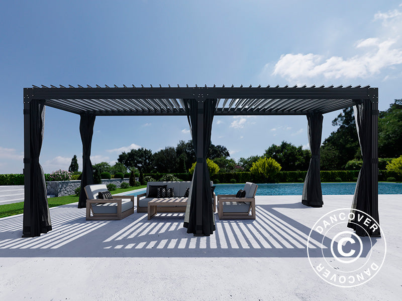 Pergola bioclimatique Monterey, 4x6m, avec rideaux et moustiquaire, Noir