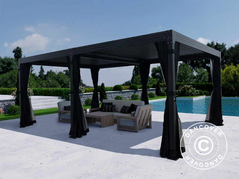 Pergola bioclimatique Monterey, 4x6m, avec rideaux et moustiquaire, Noir