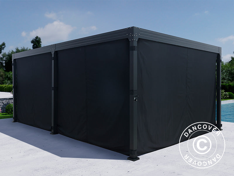 Pergola bioclimatique Monterey, 4x6m, avec rideaux et moustiquaire, Noir