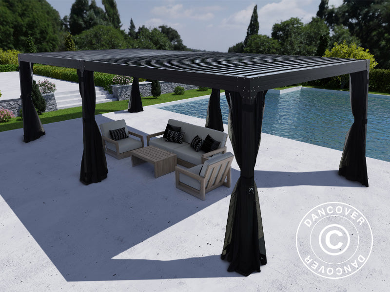 Pergola bioclimatique Monterey, 4x8m, avec rideaux et moustiquaire, Noir