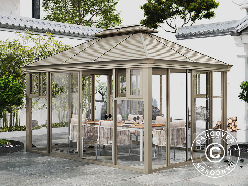 Gazebo San Bruno con pareti laterali in policarbonato, 3x4m, Ottone