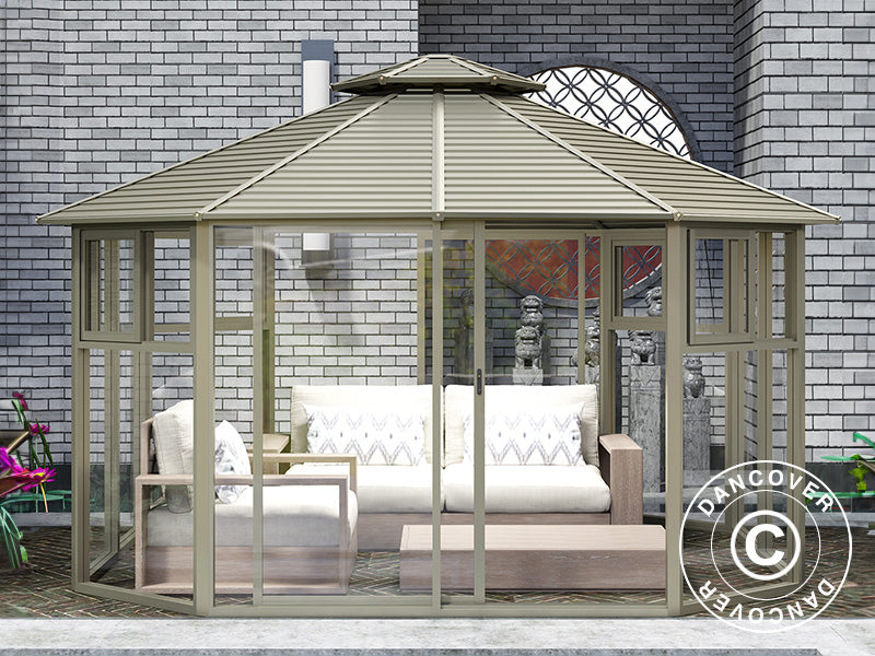 Gazebo San Bruno con pareti laterali in policarbonato, ottagonale 4,35x4,35m, Ottone