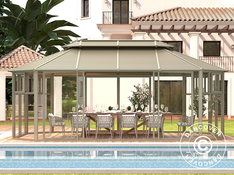 Gazebo San Bruno con pareti laterali in policarbonato, ottagonale 4,35x6,6m, Ottone