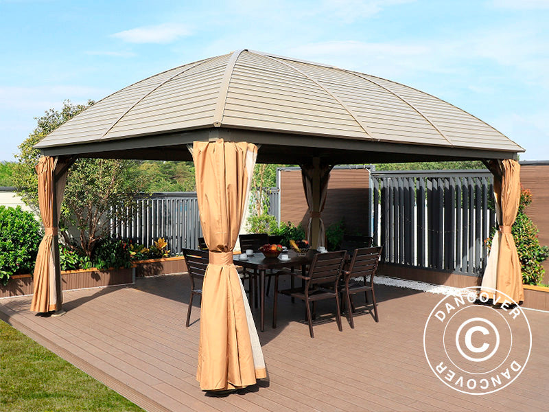 Gazebo San Jose con tendine e zanzariera, 3,6x5m, Ottone/Beige
