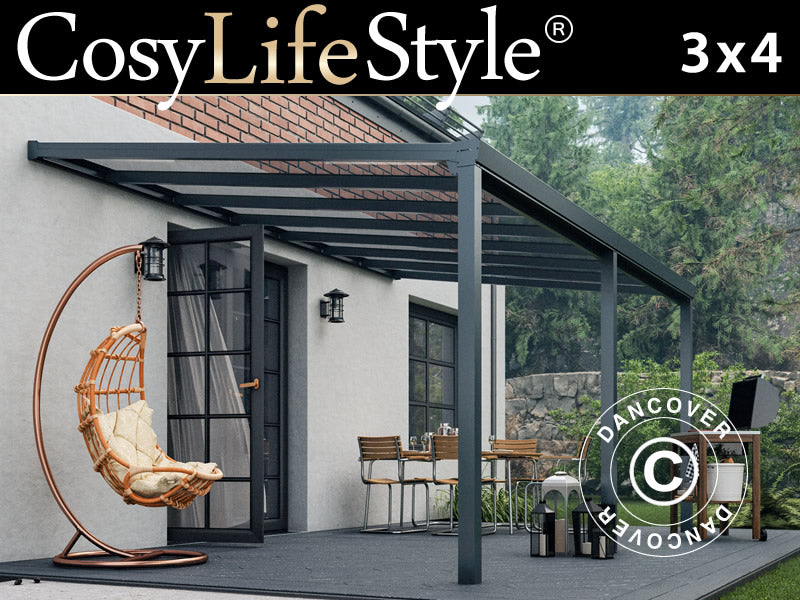 Pergola Addossata Easy con Tetto in Vetro, 3x4m, Antracite