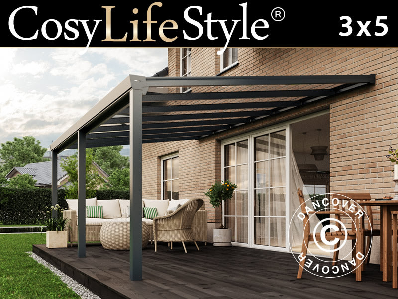 Pergola Addossata Easy con Tetto in Vetro, 3x5m, Antracite