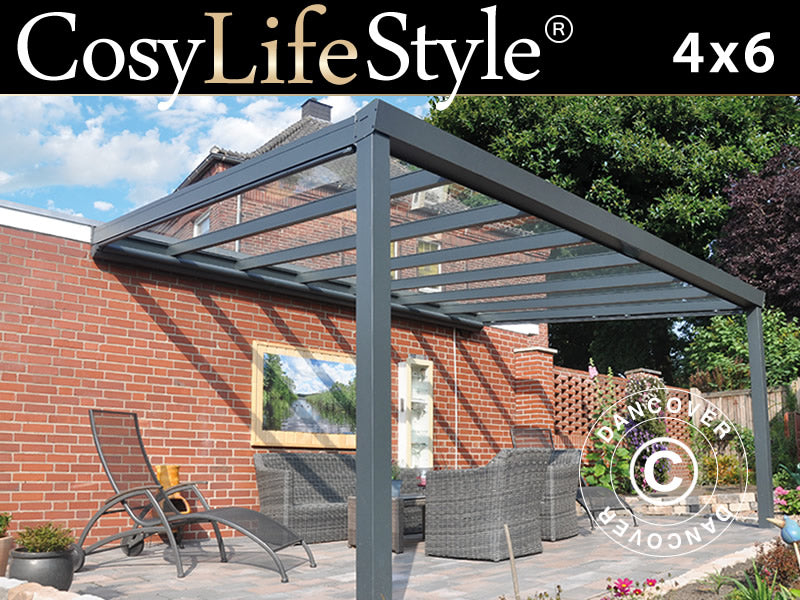 Pergola Addossata Expert con Tetto in Vetro, 4x6m, Antracite