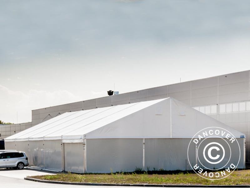 Hangar de stockage industriel Alu 12x25x5,92m avec porte coulissante, PVC, blanc