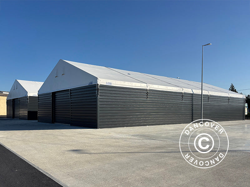 Hangar de stockage industriel Alu 15x15x6,03m avec porte coulissante, PVC/métal, blanc
