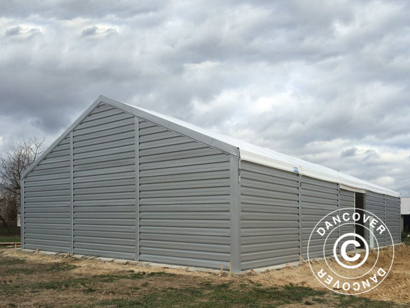 Hangar de stockage industriel Alu 15x15x6,53m avec porte coulissante, PVC/métal, blanc