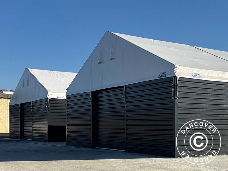 Hangar de stockage industriel Alu 15x15x6,53m avec porte coulissante, PVC/métal, blanc