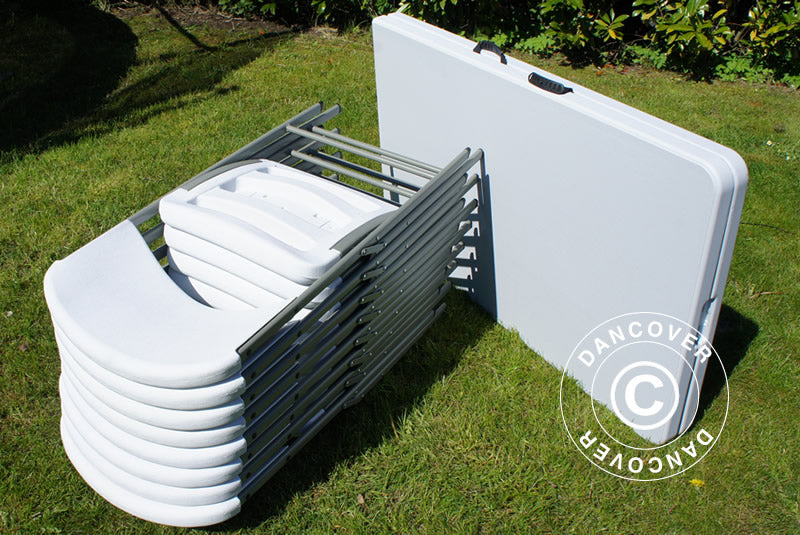 Party-Paket, 1 Klapptisch (240cm) + 8 Klappstühle, Hellgrau/Weiß