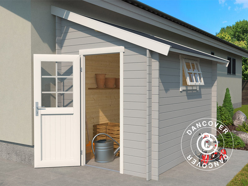 Casetta da giardino a parete in legno Vanda 1,8x2,75x2,68m, 28mm, 4,7m², Grigio chiaro