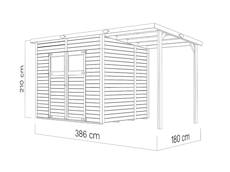 Abri en bois avec surplomb, Bertilo Amrum 3 Plus, 3,86x1,8x2,1m, 2,78m² + 4,16m²