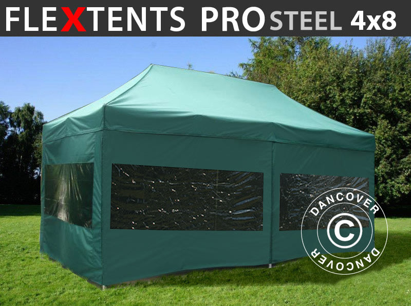 Gazebo pieghevole FleXtents PRO Steel 4x8m Verde, inclusi 6 fianchi